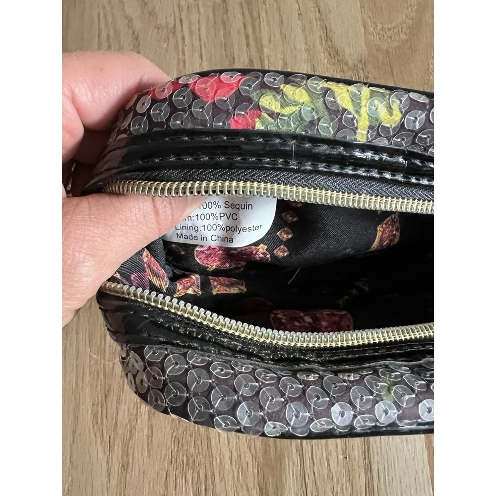 Betsey Johnson Cosmetic Pouch Makeup Bag Sequins Rose Floral Black Cute Vacation